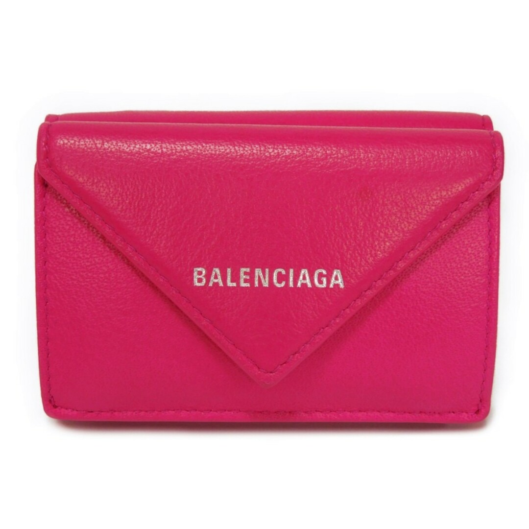 薄汚れ亀裂コーナーBALENCIAGA バレンシアガ ペーパー ミニ ウォレット 箔押し カーフ  蛍光ピンク コンパクトウォレット 新ロゴ ローズマゼンタ 三つ折り財布 391446 DLQ0N 5550