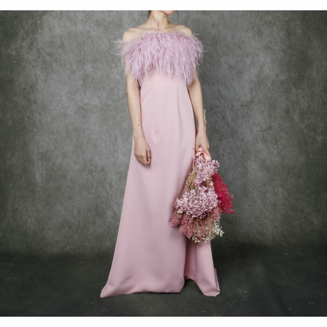 憧れのドレス ピンク カラードレス フェザー オフショルダー 可愛い 拳式/前撮ウェディングドレス