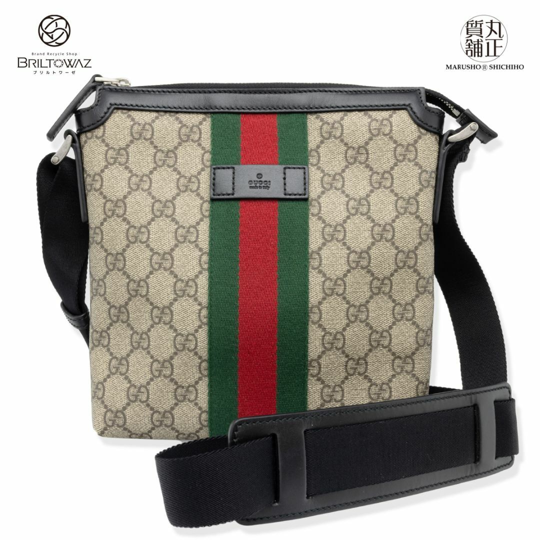 Gucci(グッチ)のグッチ GGスプリーム ショルダーバッグ 471454 ベージュ×黒 レザー シルバー金具 メンズ 斜め掛け メッセンジャーバッグ GUCCI USED【中古】【ブリルトワーゼ】【丸正質舗】【質屋】（M211981h） メンズのバッグ(ショルダーバッグ)の商品写真