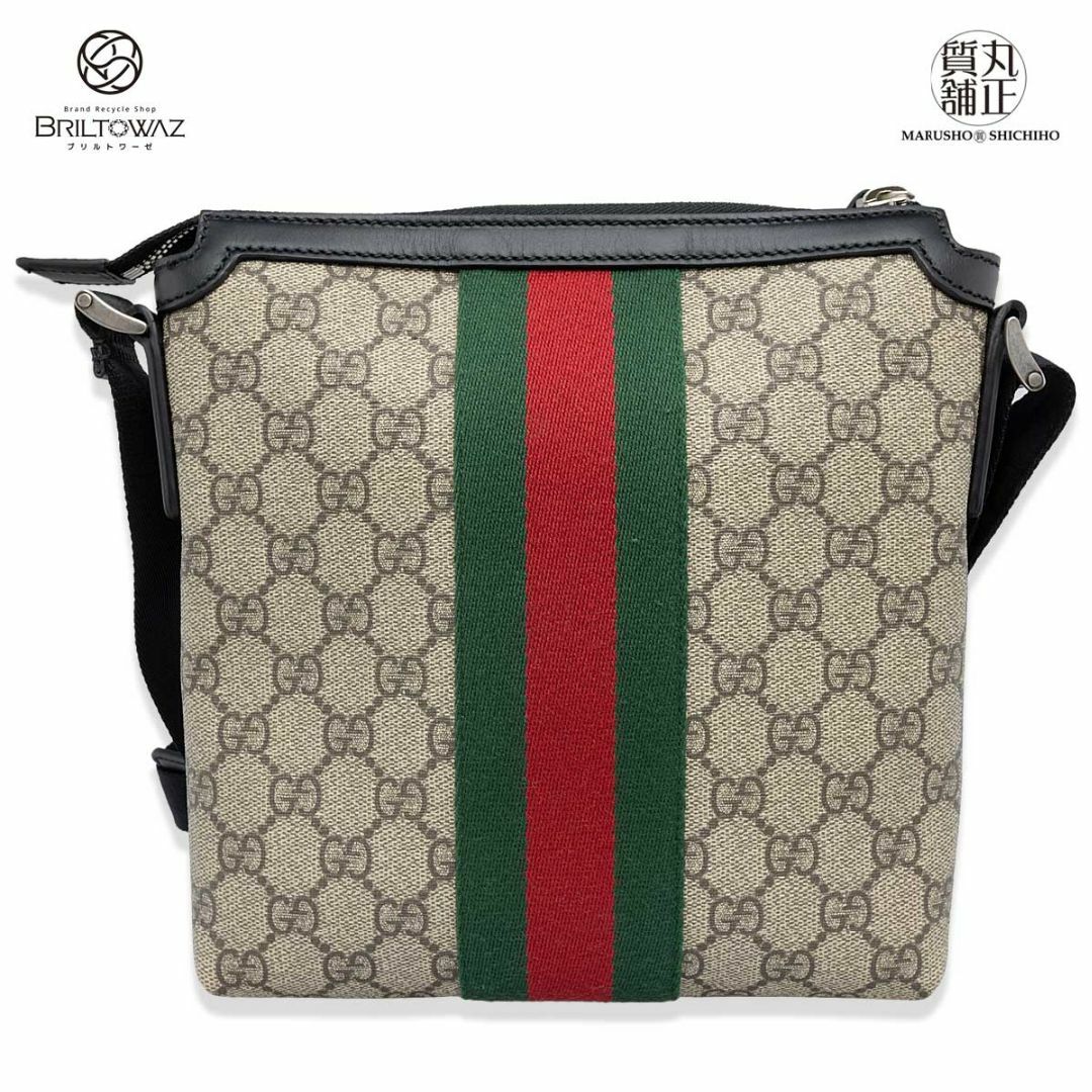 Gucci(グッチ)のグッチ GGスプリーム ショルダーバッグ 471454 ベージュ×黒 レザー シルバー金具 メンズ 斜め掛け メッセンジャーバッグ GUCCI USED【中古】【ブリルトワーゼ】【丸正質舗】【質屋】（M211981h） メンズのバッグ(ショルダーバッグ)の商品写真