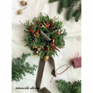 真冬の贈り物 アイアンベルが鳴る 針葉樹と実物たちの小さな　クリスマス リース(リース)