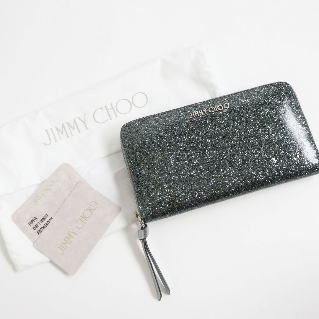 未使用品□JIMMY CHOO/ジミーチュウ PIPPA グリッターコーティング ロゴ金具 ラウンドファスナー ロングウォレット/長財布 シルバー系  伊製