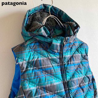 パタゴニア(patagonia)のパタゴニア チェック ダウン ウィズイット フード ベスト XS ターコイズ(ダウンベスト)