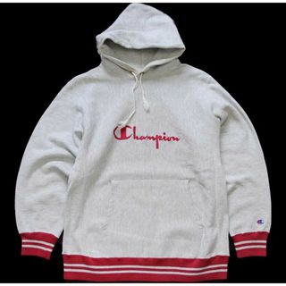 チャンピオン(Champion)の90s USA製 Championチャンピオン スクリプト ビッグロゴ刺繍 リブライン リバースウィーブ スウェットパーカー 杢グレー×ピンク L(パーカー)