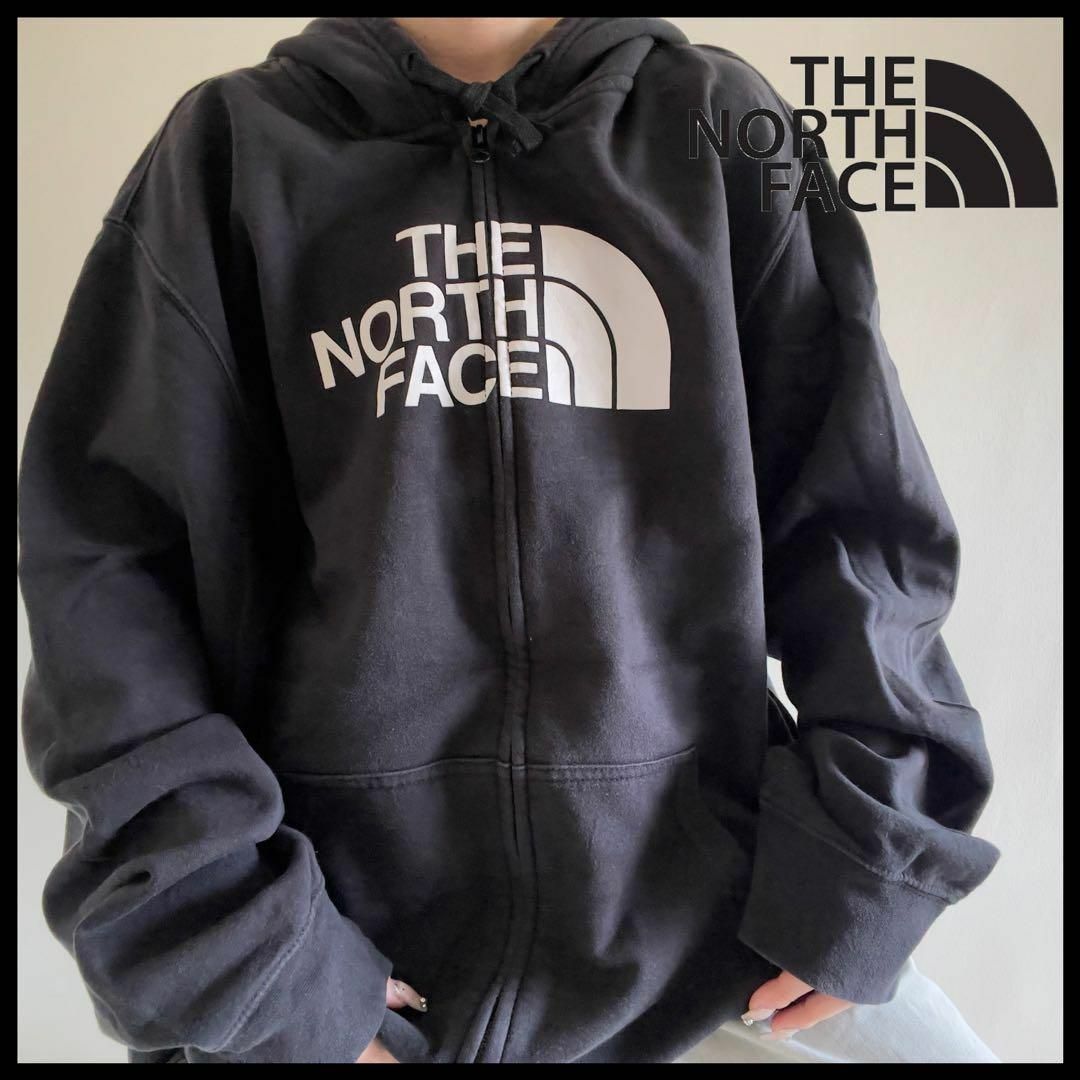 THE NORTH FACE ジップパーカー◎希少 デカロゴ グレー×グリーン