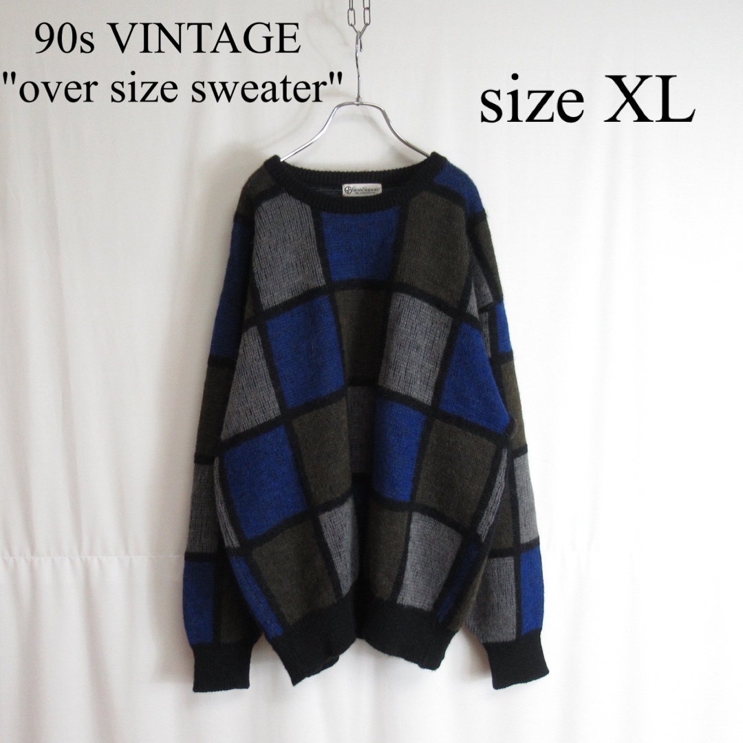 90s VINTAGE オーバーサイズ ウール ニット チェック セーター XL