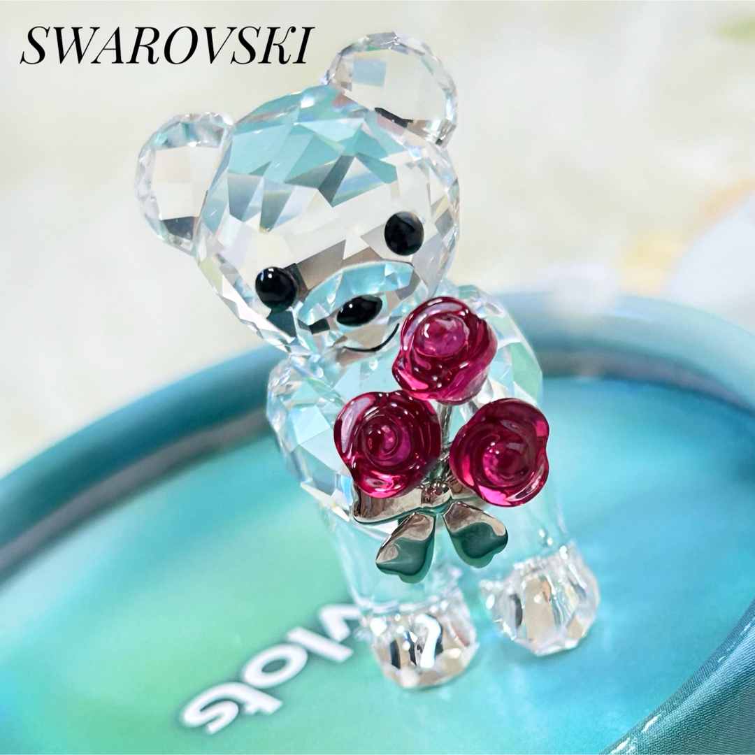 【希少】SWAROVSKI クリスタル クマ 薔薇 リボン 置物 クリスベア