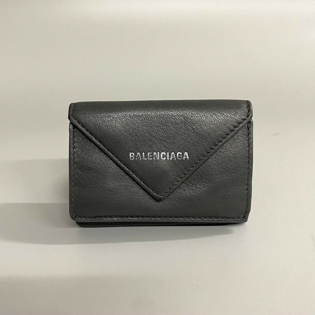 美品 レア BALENCIAGA バレンシアガ ロゴ ペーパーミニウォレット レザー 本革 三つ折り 財布 ミニ ウォレット グレー 23111