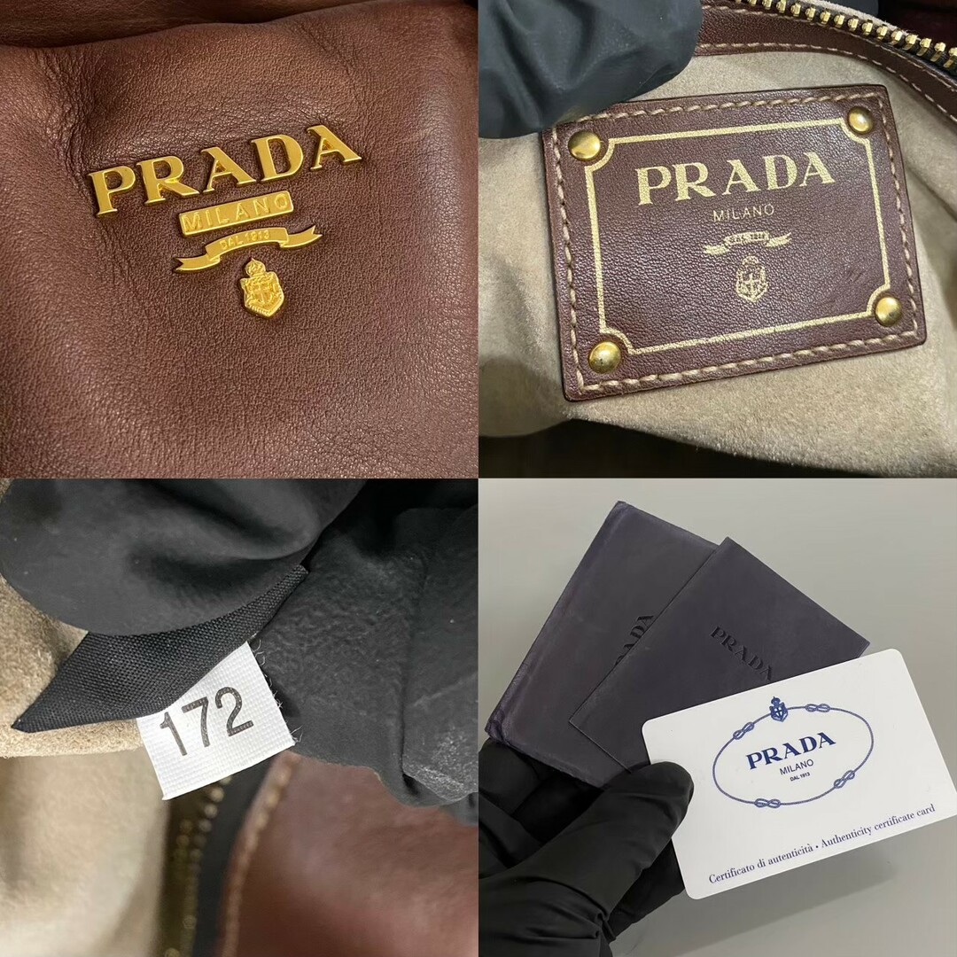 美品 袋 カード付 PRADA プラダ ロゴ 金具 レザー 本革 2way ハンドバッグ ミニ ボストンバッグ ショルダーバッグ ブラウン 茶 24136