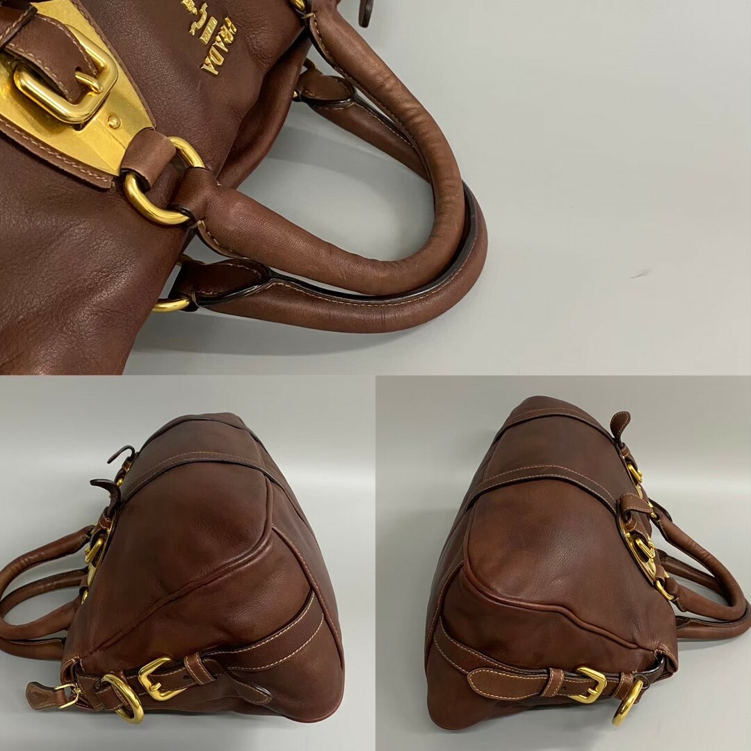 美品 袋 カード付 PRADA プラダ ロゴ 金具 レザー 本革 2way ハンドバッグ ミニ ボストンバッグ ショルダーバッグ ブラウン 茶 24136