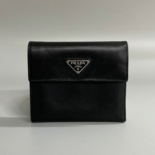 【極美品】PRADA　 二つ折り財布　 シボ革 三角ロゴ　ブラック