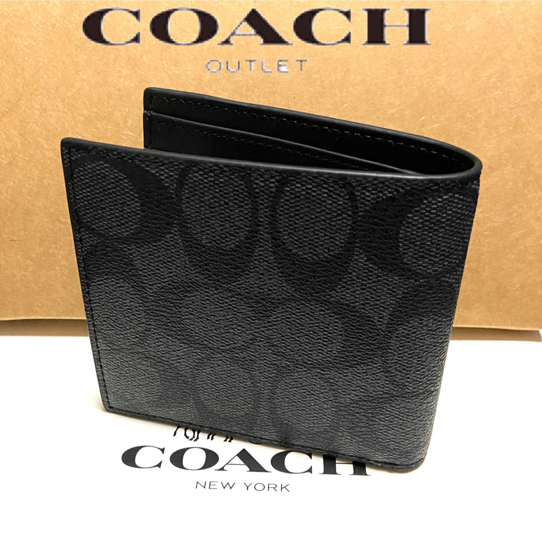 【新品-未使用】コーチCOACH 折り財布シグネチャー メンズ スリム ブラック