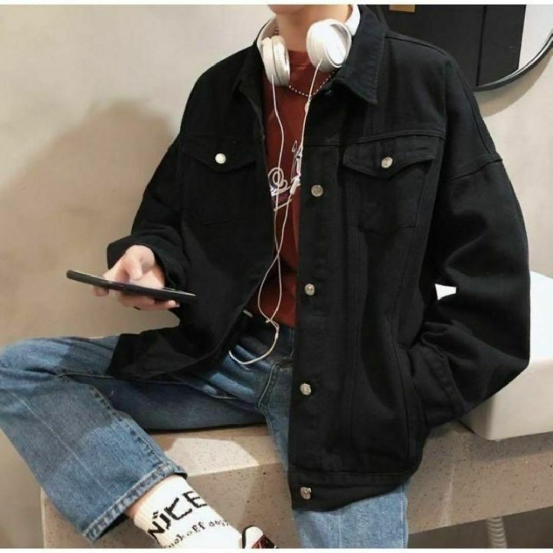 シンプル デニムジャケット ジージャン XL ユニセックス ブラック 新品 レディースのジャケット/アウター(Gジャン/デニムジャケット)の商品写真