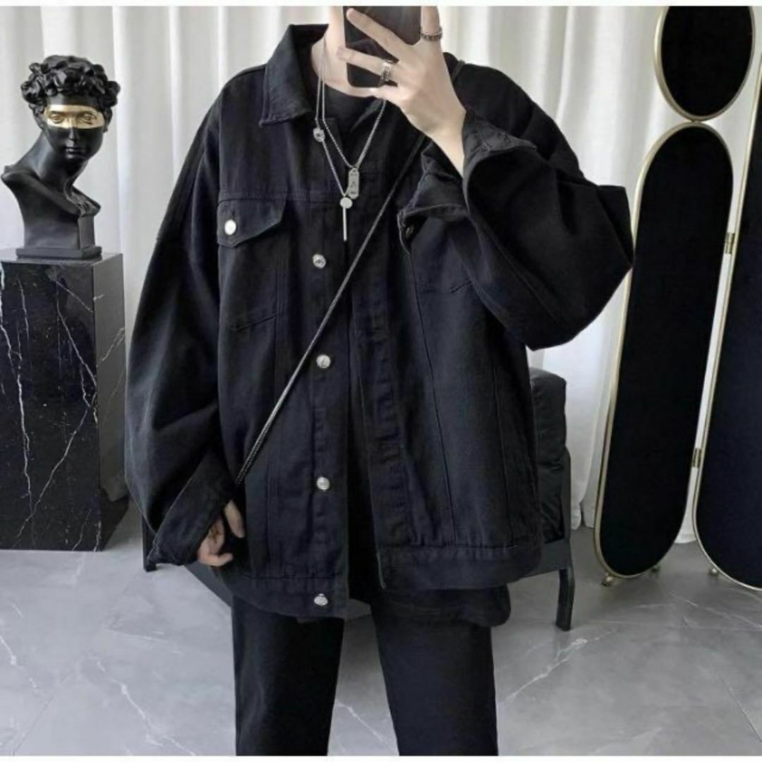 シンプル デニムジャケット ジージャン XL ユニセックス ブラック 新品 レディースのジャケット/アウター(Gジャン/デニムジャケット)の商品写真