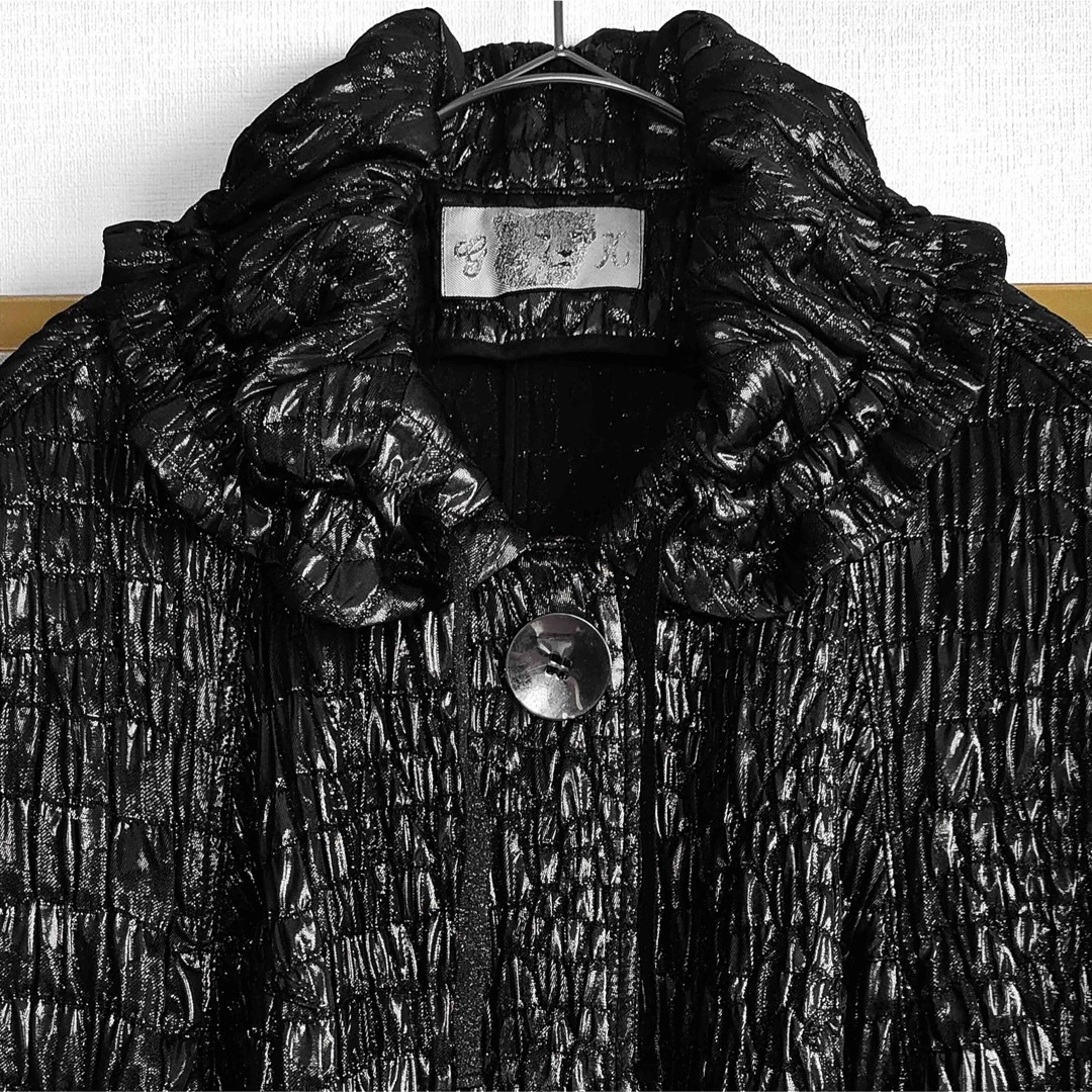 美品 伊太利屋 ロングジャケット ショールカラー フリル ラメ糸 ブラック 黒