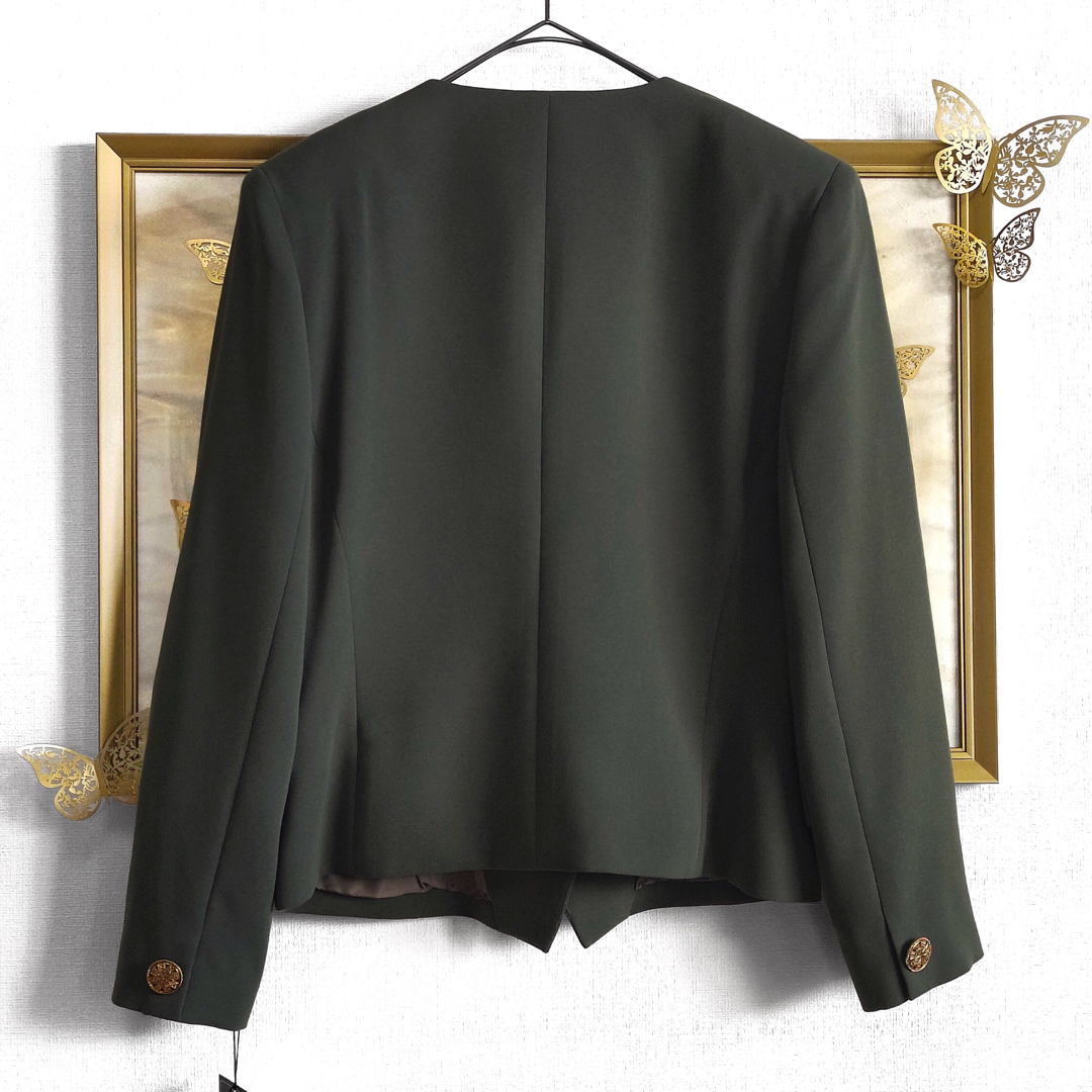 新品 ノーカラーコート ショートジャケット 金釦 長袖 カーキ グリーン 深緑色