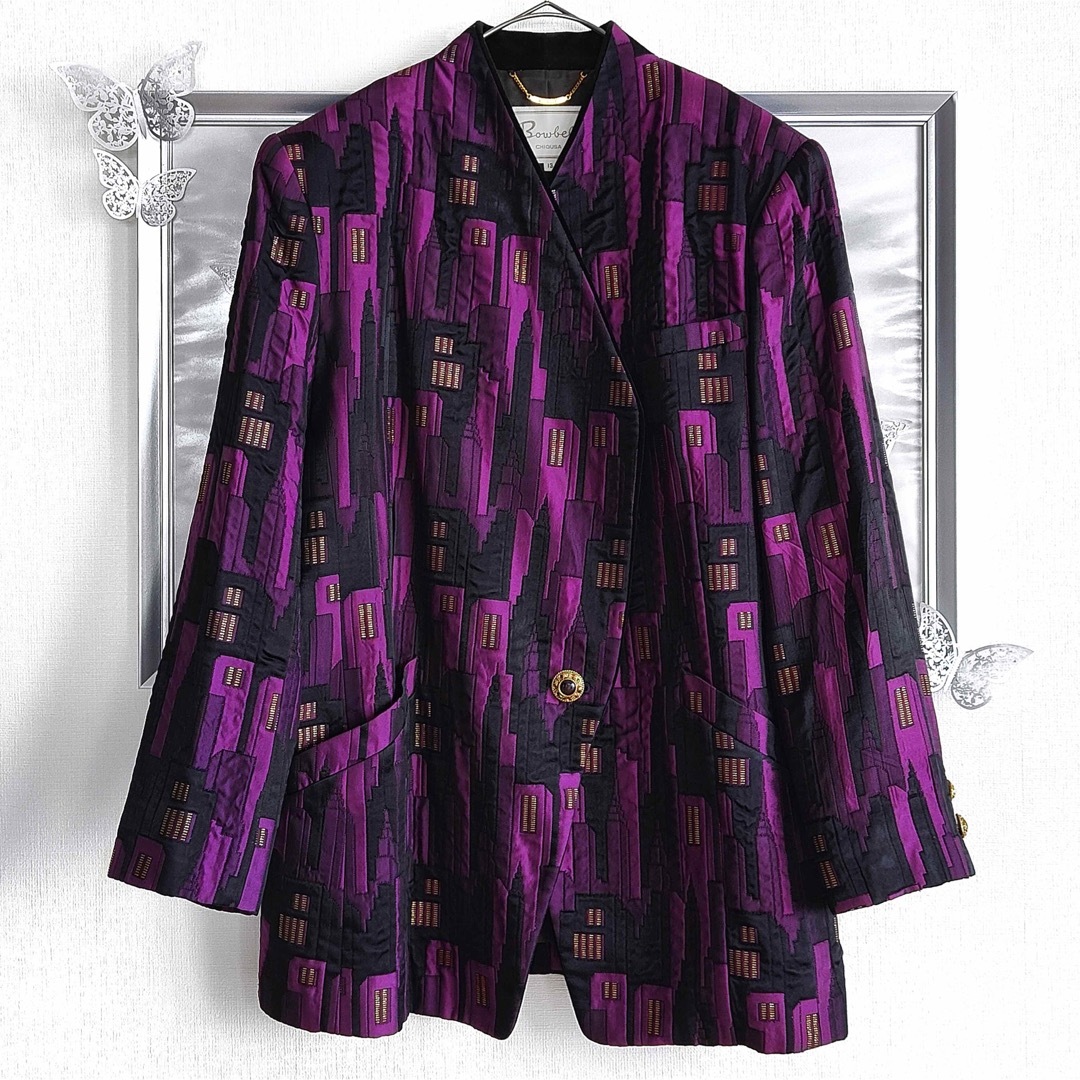 美品 ヴィンテージ ノーカラーコート ジャケット ジャガード パープル 紫 黒ノーカラージャケット
