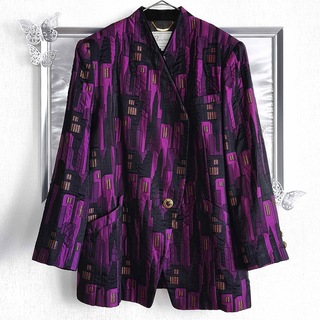 美品 ヴィンテージ ノーカラーコート ジャケット ジャガード パープル 紫 黒(ノーカラージャケット)