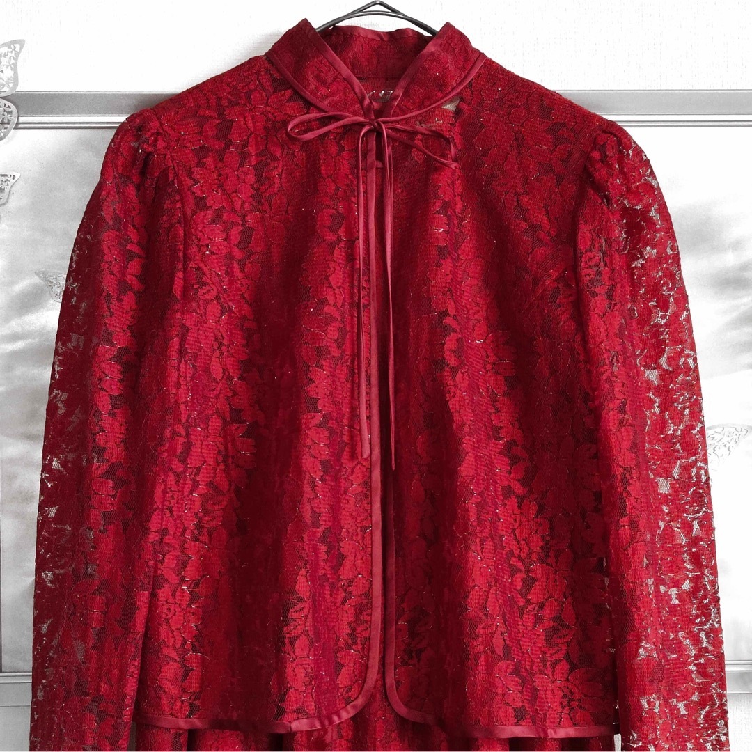 美品 総レースセットアップ ワンピース アンサンブル パフスリーブ レッド 赤