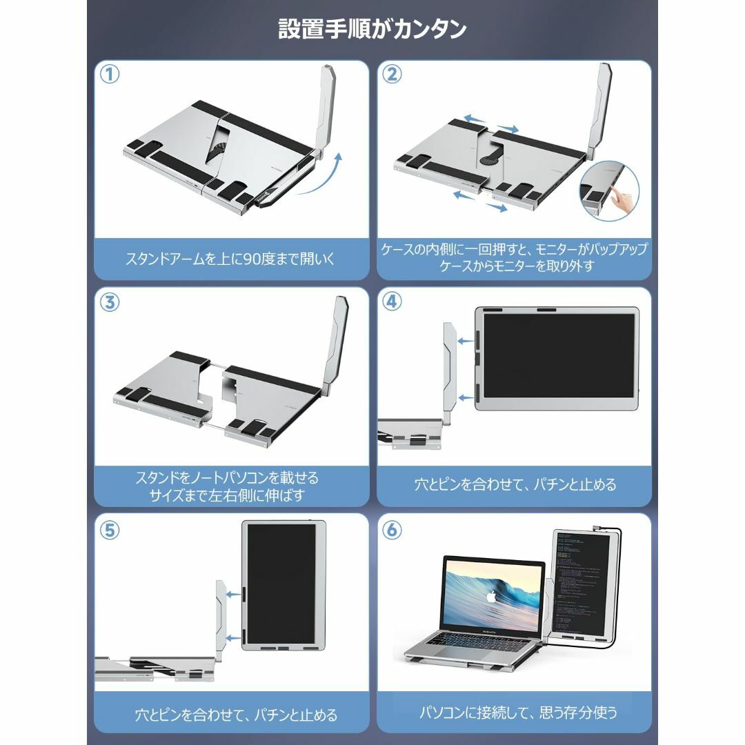 デュアルモニター ノートパソコン用 14”画面 1080P アルミスタンド 36