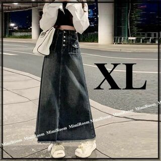 L2L【W～76】W重ねポケット裾フリンジ☆Aラインフレアロング丈デニムSK(ロングスカート)