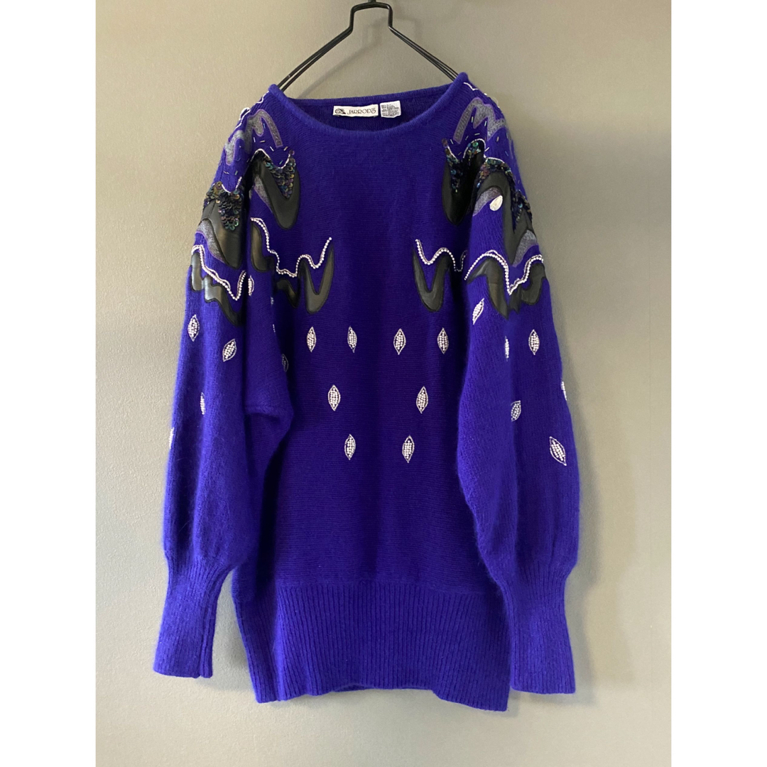 古着 ビンテージ 80s レザー ビーズ デコ 宝石 デザイン ニット 古着 ビンテージ 80s レザー ビーズ デコ 宝石 デザイン ニット