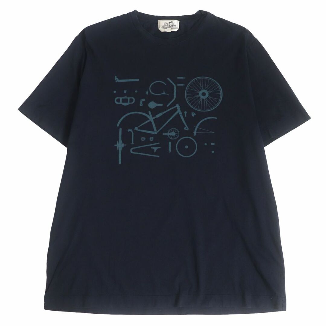 美品□HERMES/エルメス 自転車 プリントデザイン コットン100％ クルーネック 半袖 Tシャツ/カットソー ネイビー 正規品 イタリア製 メンズ