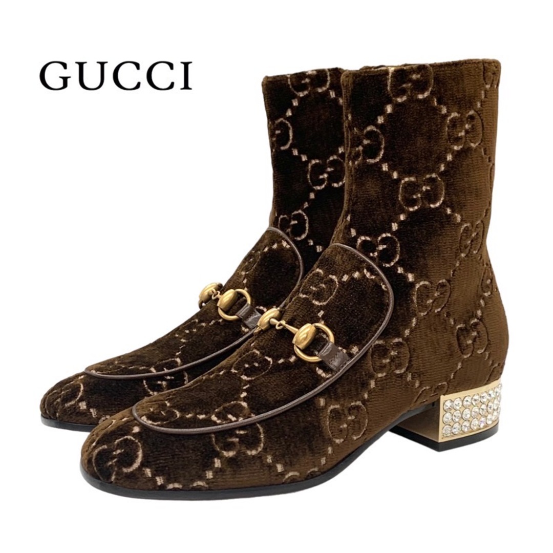 Gucci(グッチ)の未使用 グッチ GUCCI ブーツ ショートブーツ 靴 シューズ GG ホースビット ビジュー ベロア ブラウン ゴールド レディースの靴/シューズ(ブーツ)の商品写真