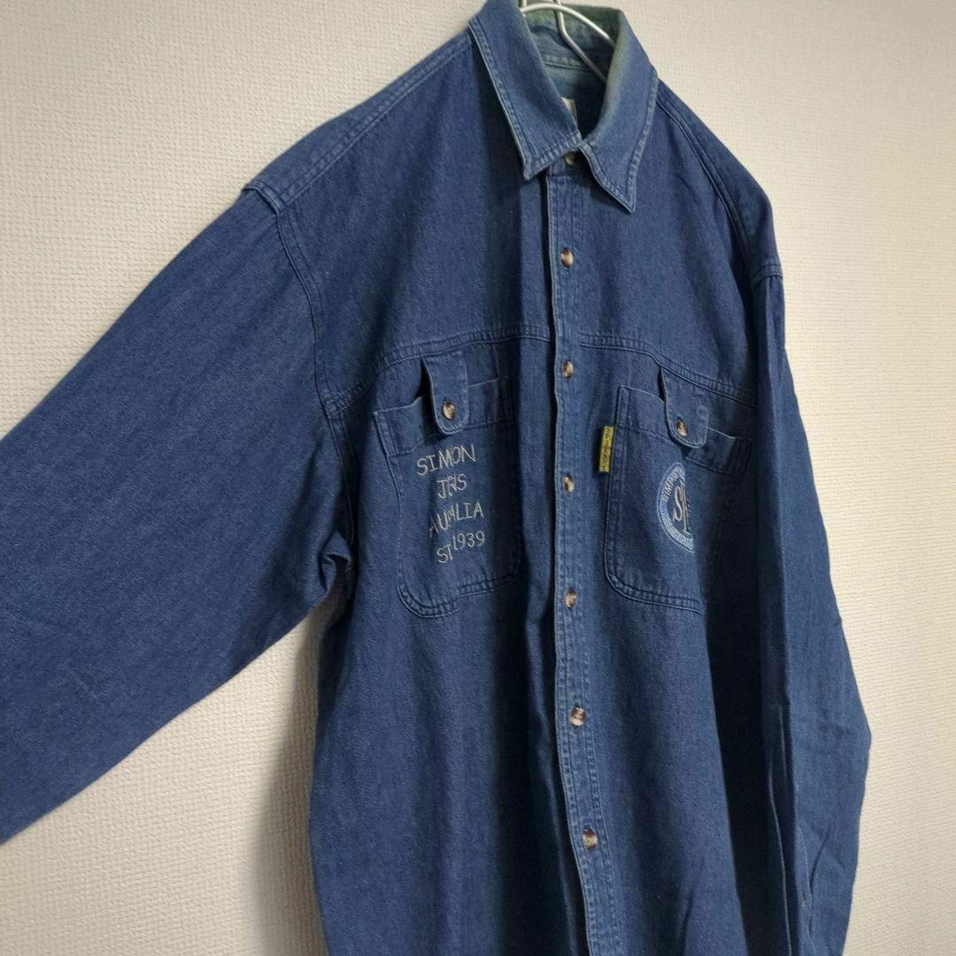 ART VINTAGE(アートヴィンテージ)の★デニムシャツ 刺繍ロゴ 胸ポケット デザインボタン インディゴ 古着★ メンズのトップス(シャツ)の商品写真