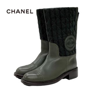 シャネル(CHANEL)のシャネル CHANEL ブーツ ショートブーツ ミドルブーツ 靴 シューズ ココマーク チェック ウール レザー カーキ(ブーツ)