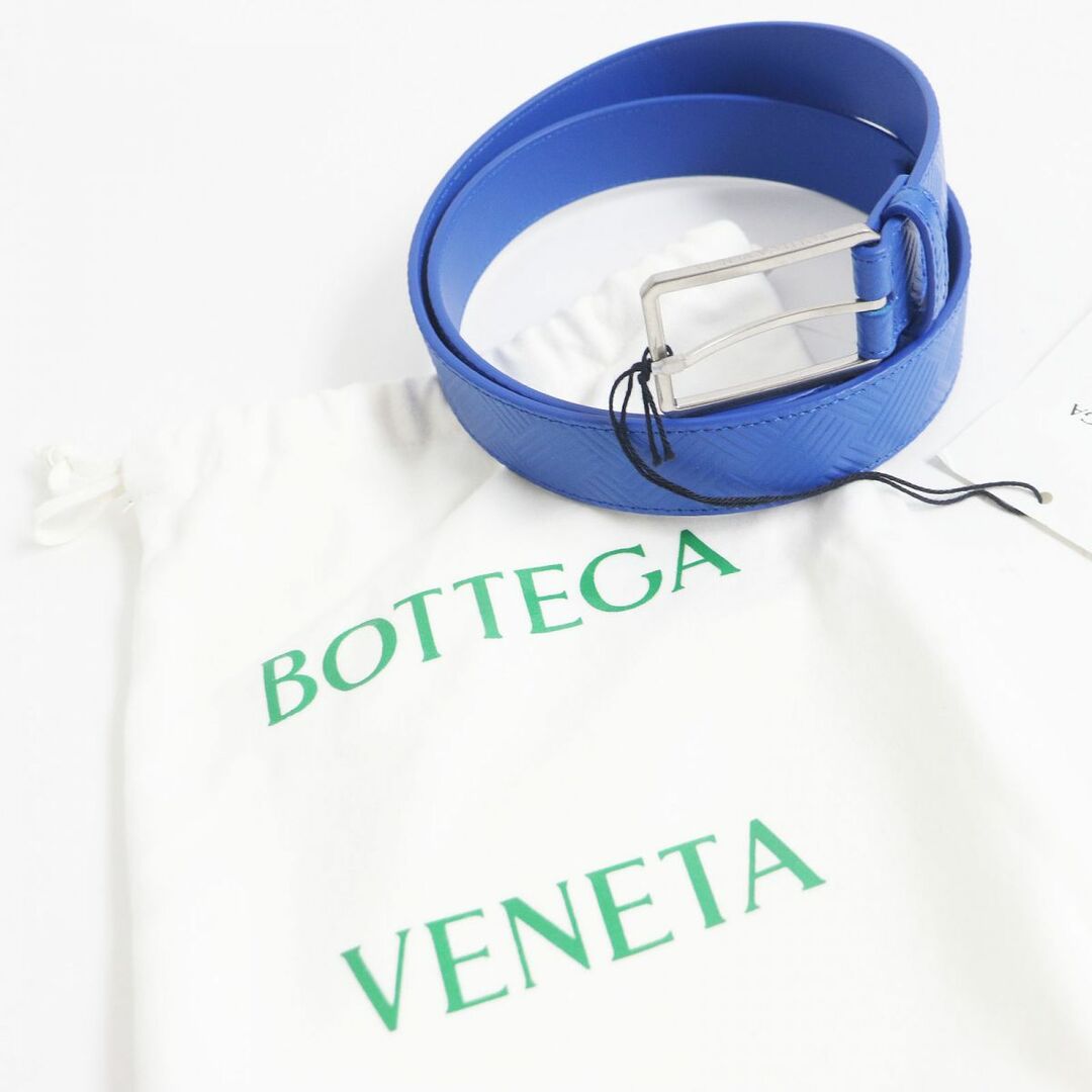 未使用品□BOTTEGA VENETA/ボッテガヴェネタ イントレチャート エンボス シルバーピンバックル レザーベルト 青 100/40 イタリア製 メンズ