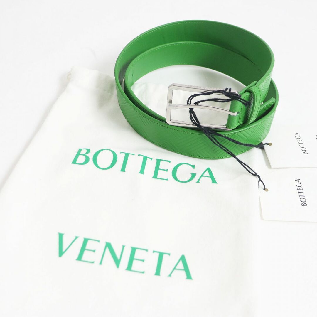 未使用品□BOTTEGA VENETA/ボッテガヴェネタ イントレチャート エンボス シルバーピンバックル レザーベルト 緑 90/36 イタリア製 メンズ