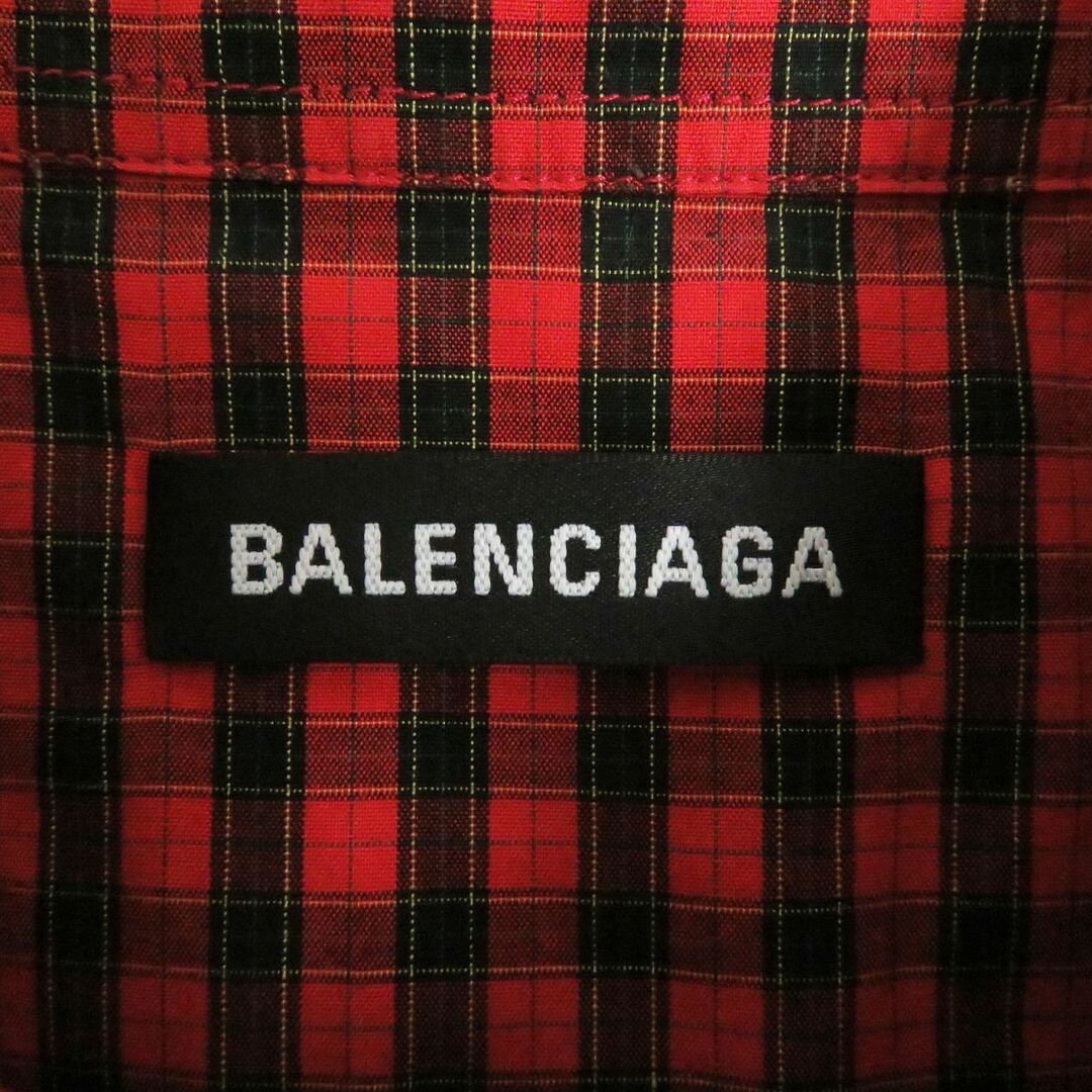 極美品□19SS BALENCIAGA/バレンシアガ 556869 チェック柄 ロゴボタン/刺繍 ボタンダウン オーバーサイズ 半袖シャツ レッド系 38 正規品