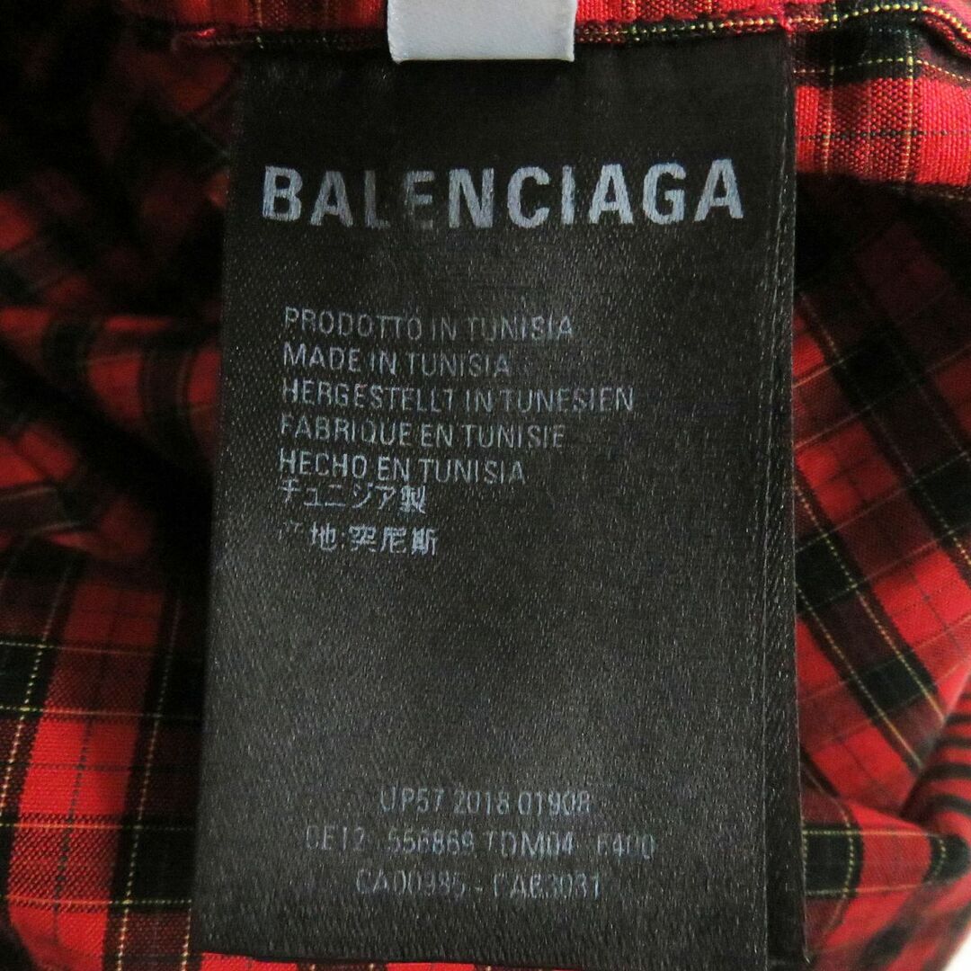 極美品□19SS BALENCIAGA/バレンシアガ 556869 チェック柄 ロゴボタン/刺繍 ボタンダウン オーバーサイズ 半袖シャツ レッド系 38 正規品