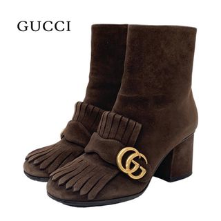 グッチ(Gucci)のグッチ GUCCI ダブルG ブーツ ショートブーツ 靴 シューズ GGマーモント フリンジ スエード ブラウン ゴールド(ブーツ)