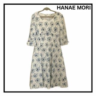 HANAE MORI - HANAE MORI 花柄ひざ丈ワンピース リボン付き ホワイト