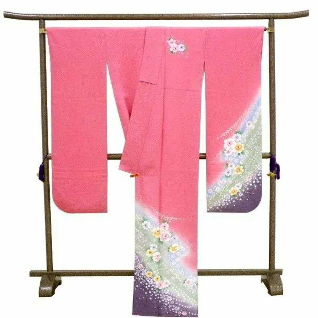 振袖 USED正絹仕立て上がり　ピンク 水色 黄緑 桜 Lサイズ　 Aランク