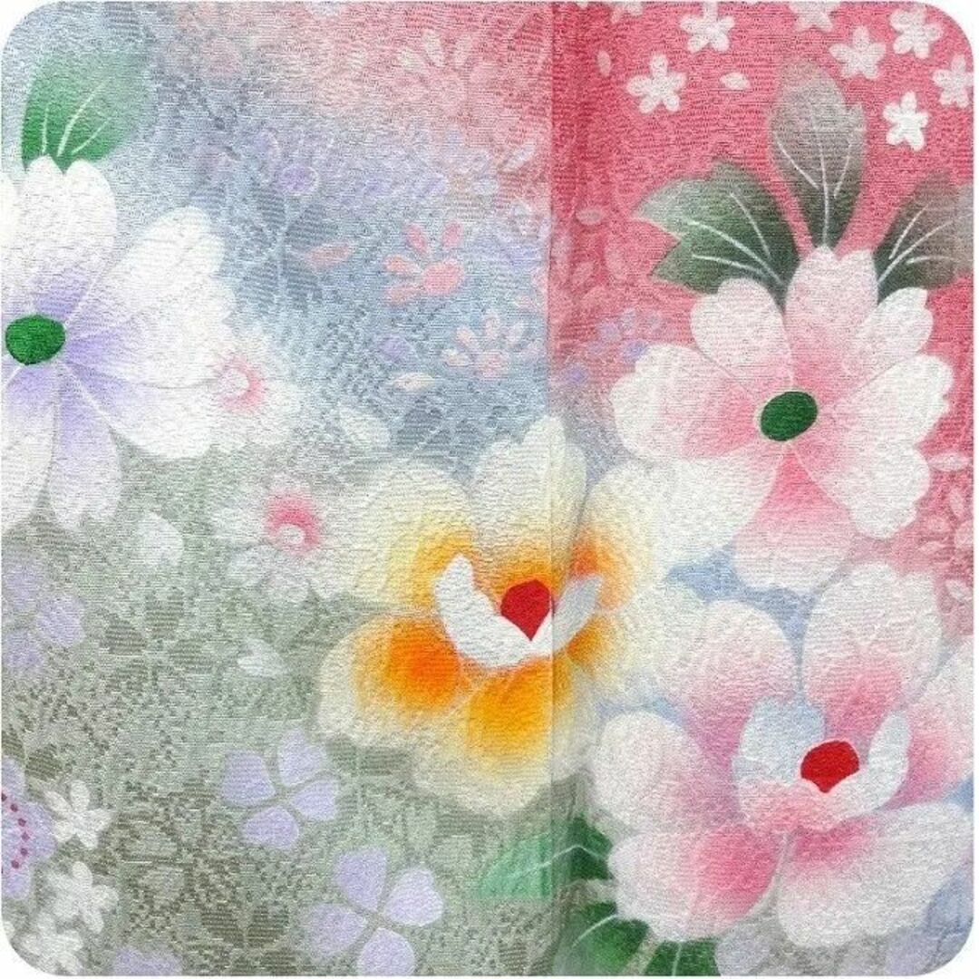 振袖 USED正絹仕立て上がり　ピンク 水色 黄緑 桜 Lサイズ　 Aランク