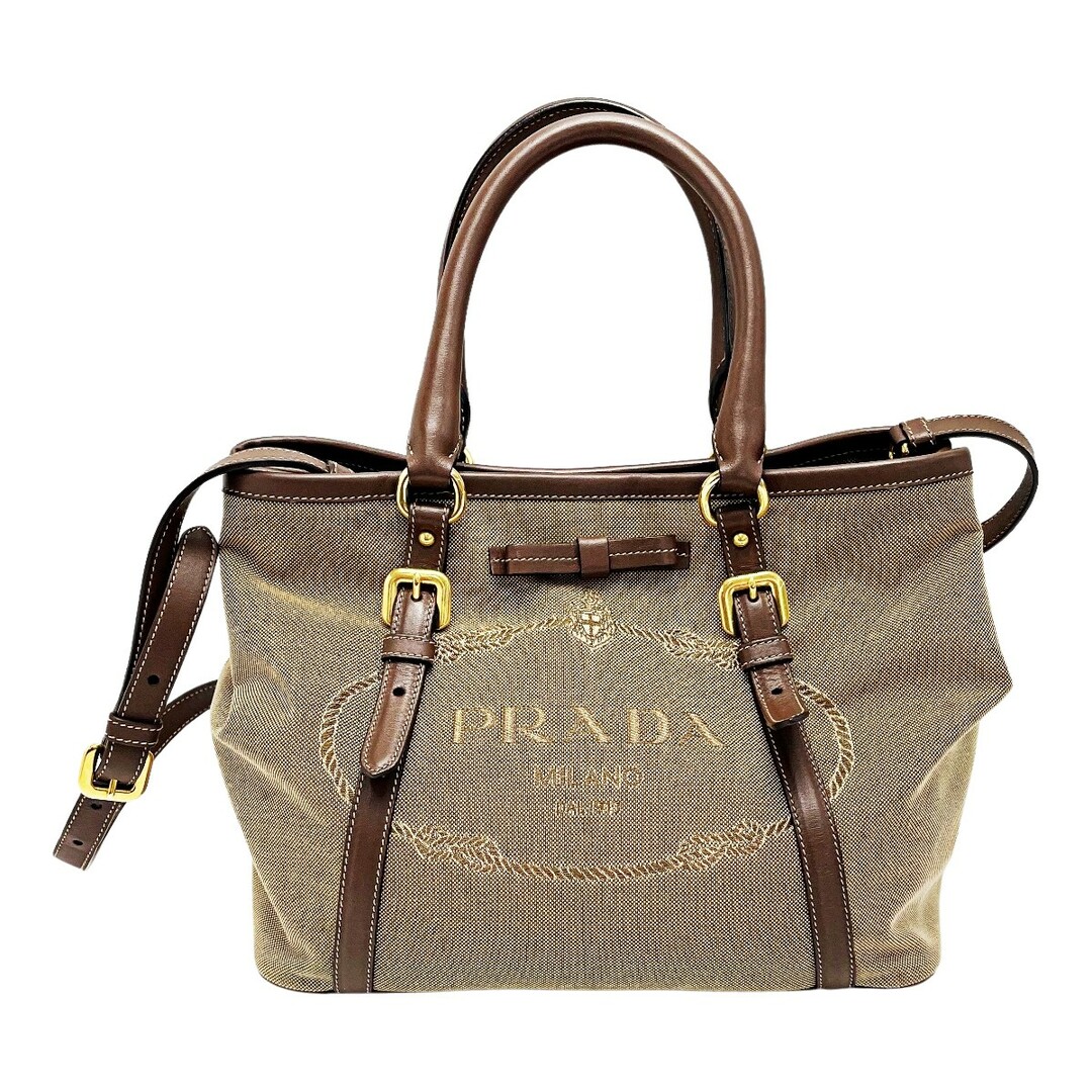 ☆☆PRADA プラダ 2WAYトートバッグ BN1841 ブラウン系 ジャガード×レザー レディース ギャランティカード有