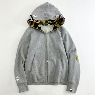 アベイシングエイプ(A BATHING APE)の48k9 A BATHING APE アベイシングエイプ ダブルフードシャークパーカー S グレー コットン 迷彩 カモフラ  スウェット 羽織(パーカー)