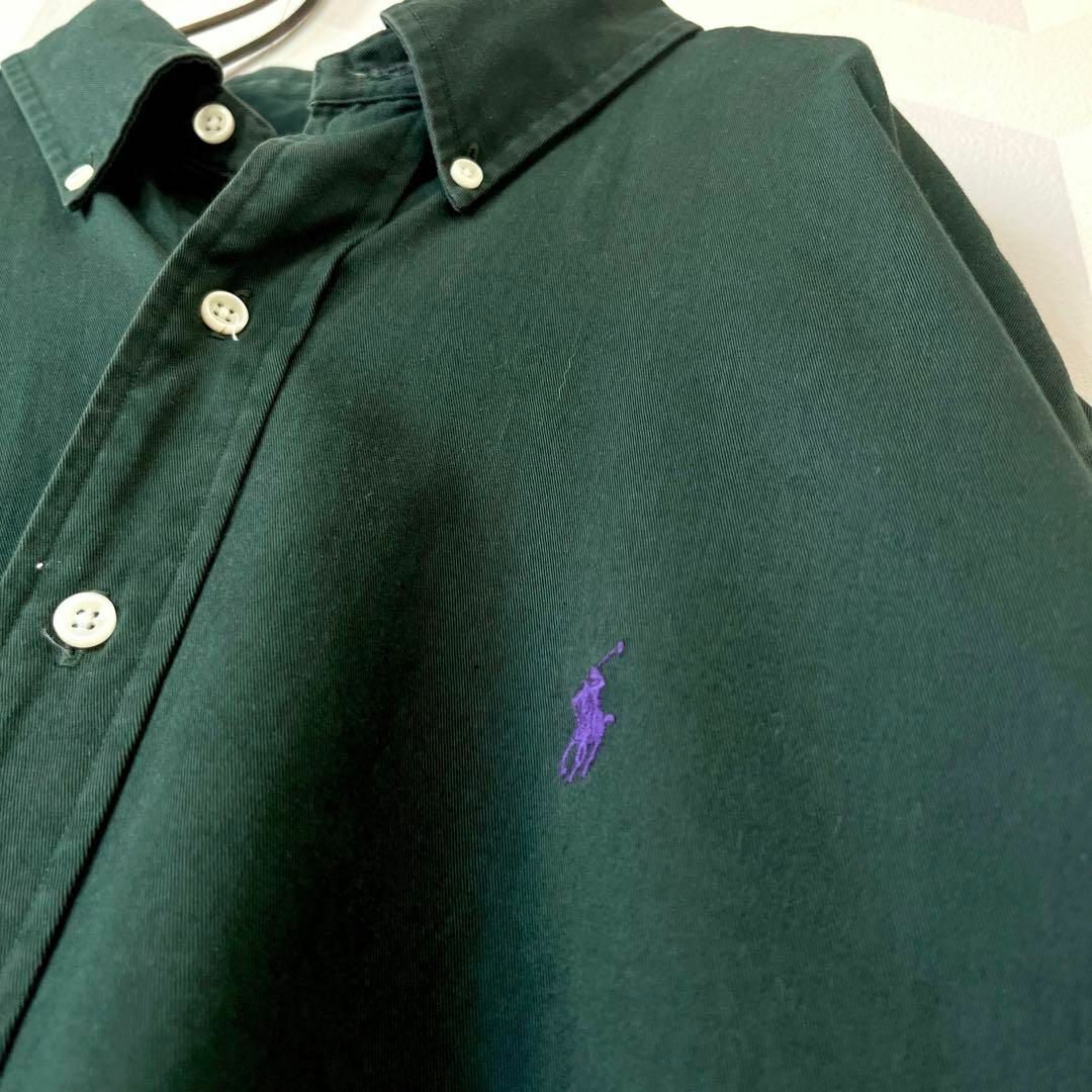 【希少】90s ラルフローレン XL 刺繍ロゴ 肉厚 BD シャツ 緑グリーン