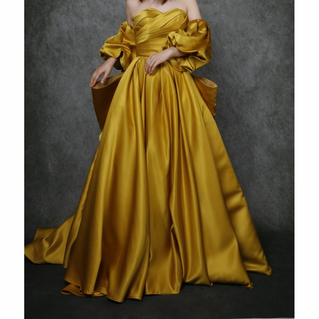 華やか パーティードレス イエロー ベアトップ 取り外し袖 豪華なバックリボン  レディースのフォーマル/ドレス(ウェディングドレス)の商品写真