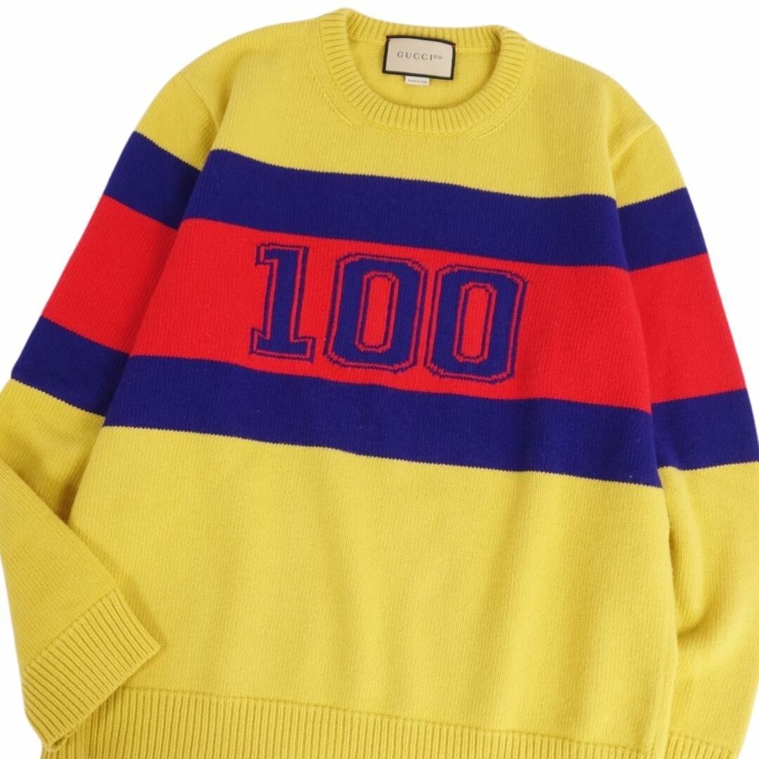 美品 グッチ GUCCI ニット セーター 21AW 100周年 ロングスリーブ ウール トップス メンズ イタリア製 XL イエロー/レッド/ネイビー