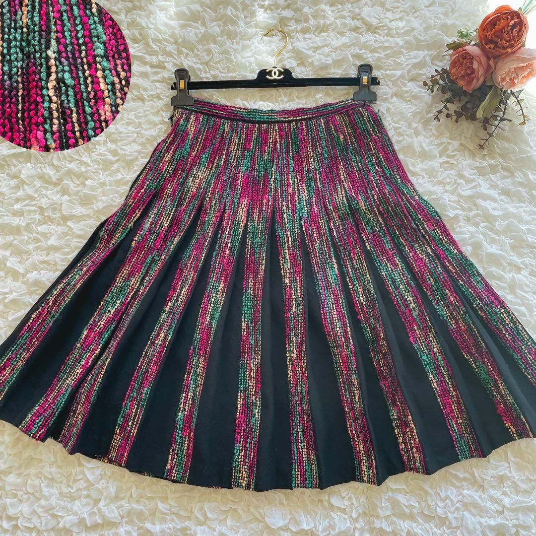 ヴィンテージ　ツイード　手織り布　刺繍　グラデーション　プリーツスカート