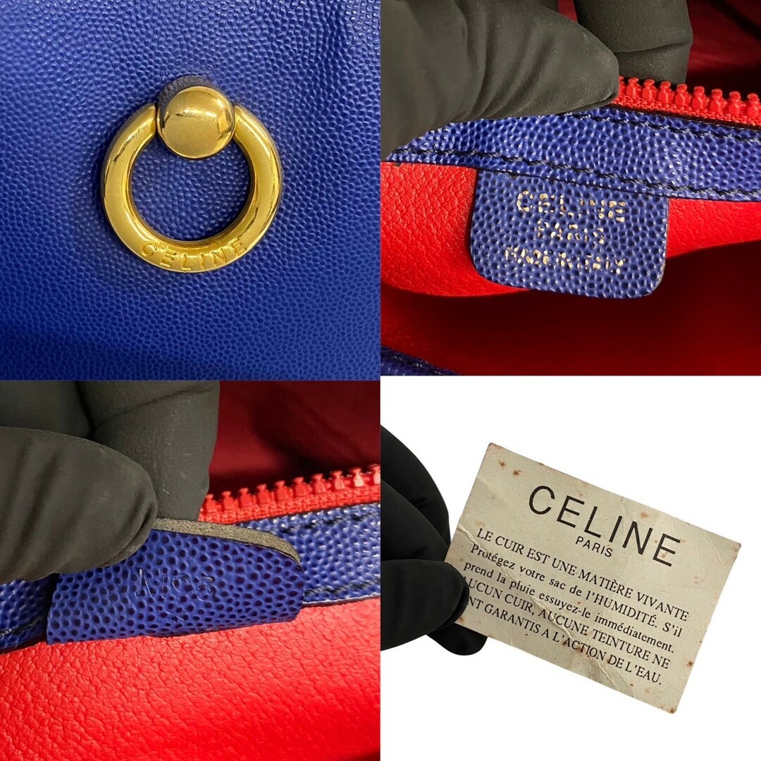 極 美品 希少品 CELINE セリーヌ リング金具 ロゴ レザー 本革 セミ ショルダーバッグ トートバッグ ハンドバッグ ブルー 29008