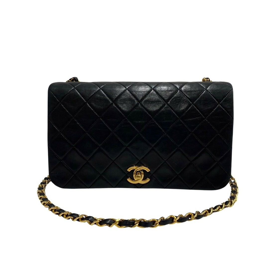 極 美品 袋付 シール有 1番台 CHANEL シャネル マトラッセ フルフラップ ラムスキン ココマーク ターンロック ショルダーバッグ 黒 18016