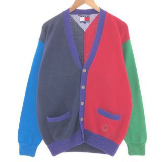 トミーヒルフィガー(TOMMY HILFIGER)の古着 90年代 トミーヒルフィガー TOMMY HILFIGER 総柄 クレイジーパターン マルチカラー コットンニットカーディガン メンズM ヴィンテージ /taa001742(カーディガン)