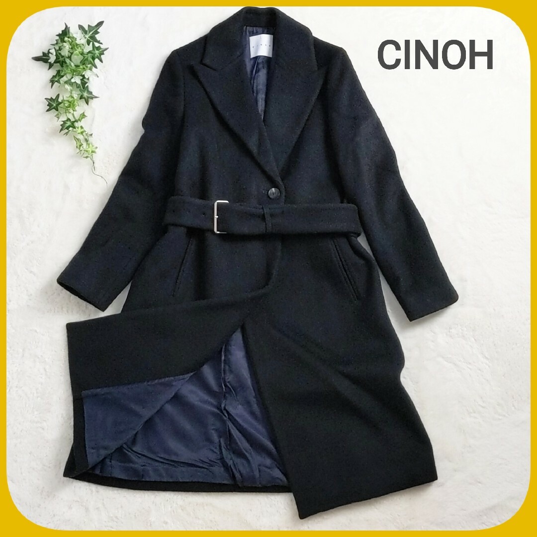 大人気定番商品 美品 CINOH 美品 CINOH】ロングコート CINOH 日本製 ウール チェスター 38 チェスター ロング ネイビー コート  チェスターコート コート ウール 黒 ロング ベルト付き ベルト 黒 38 ベルト 日本製 ジャケット/アウター