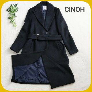 チノ(CINOH)の美品 CINOH ウール チェスター コート 黒 ロング ベルト 38 日本製(チェスターコート)