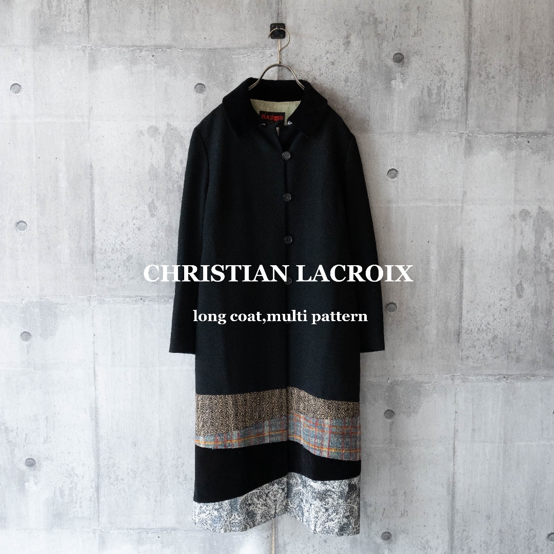 Christian Lacroix(クリスチャンラクロワ)の【CHRISTIAN LACROIX】ロングコート　マルチパターン　モヘア混　黒 レディースのジャケット/アウター(ロングコート)の商品写真